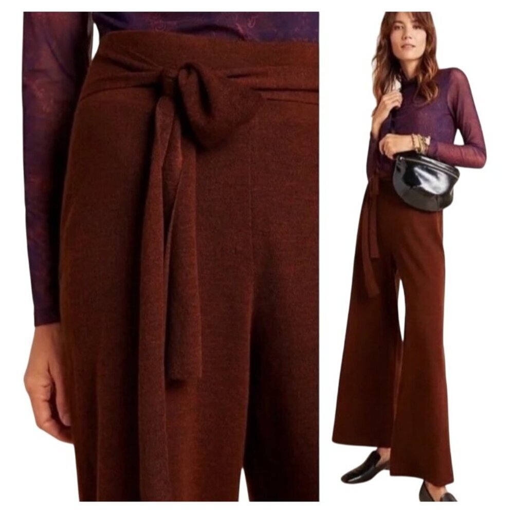 Anthropologie Brown Wide-Leg merino wool blend Knit Pants w/ tie waist S